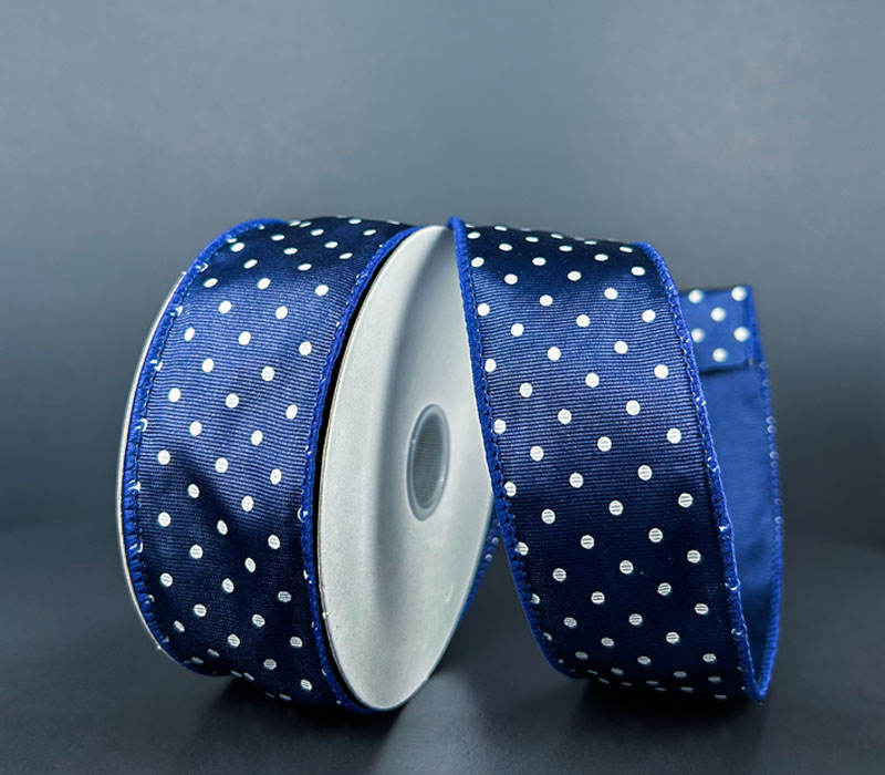 Wired Navy Ribbed Stain with White Dots Ribbon