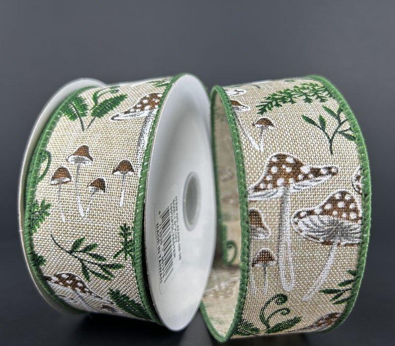 Wired Natural Linen Mushroom and Ferns Ribbon