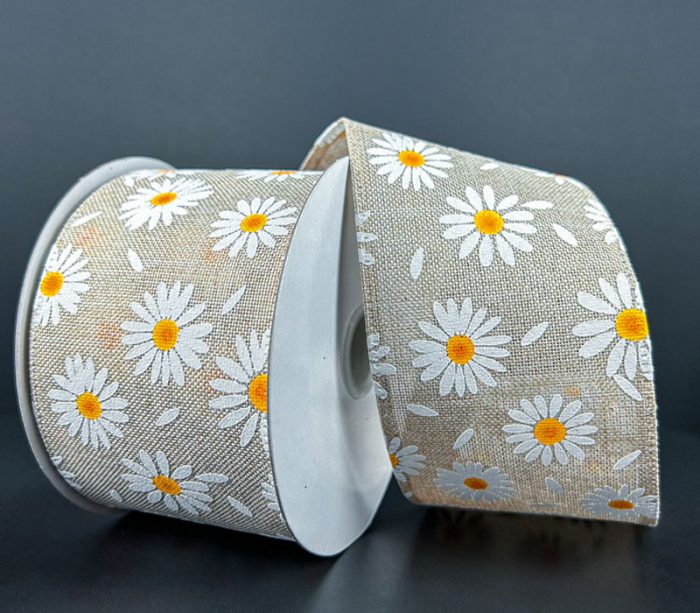 Wired Natural Linen Daisies Ribbon