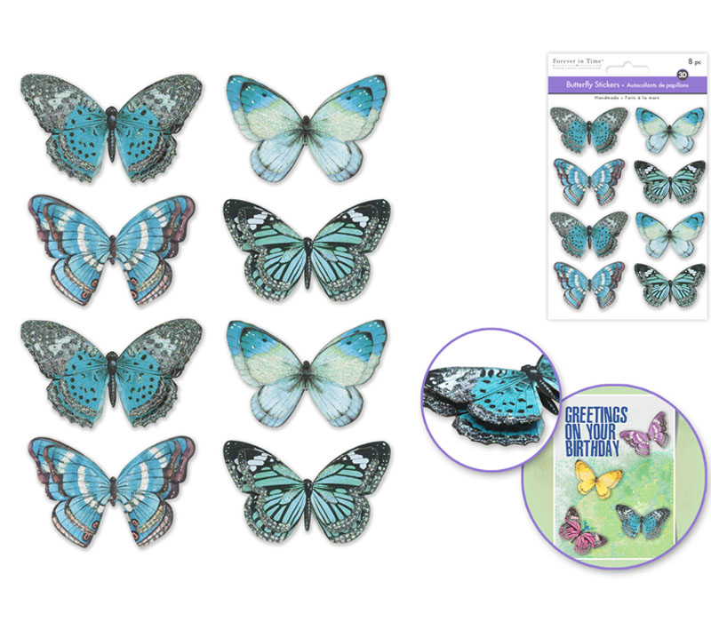 MultiCraft Handmade Glitter Stickers - Blue Butterflies 8 Piece