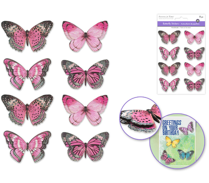 MultiCraft Handmade Glitter Stickers - Pink Butterflies 8 Piece