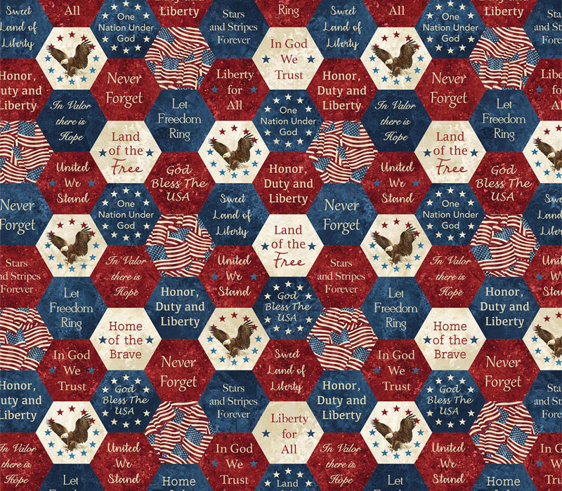 Fabric - Quilts of Valor Allover Hexagons and Text Multicolor