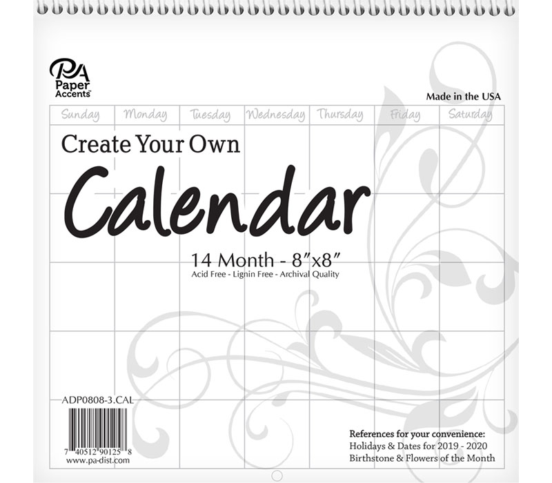 Create Your Own Calendar 8-inch x 8-inch 14 Month Blank White
