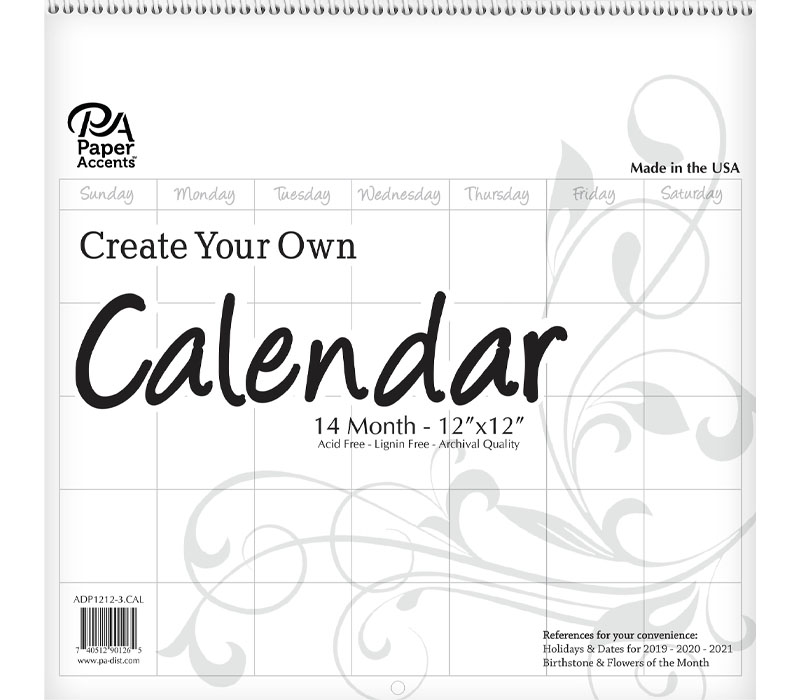 Create Your Own Calendar 12-inch x 12-inch 14 Month Blank White