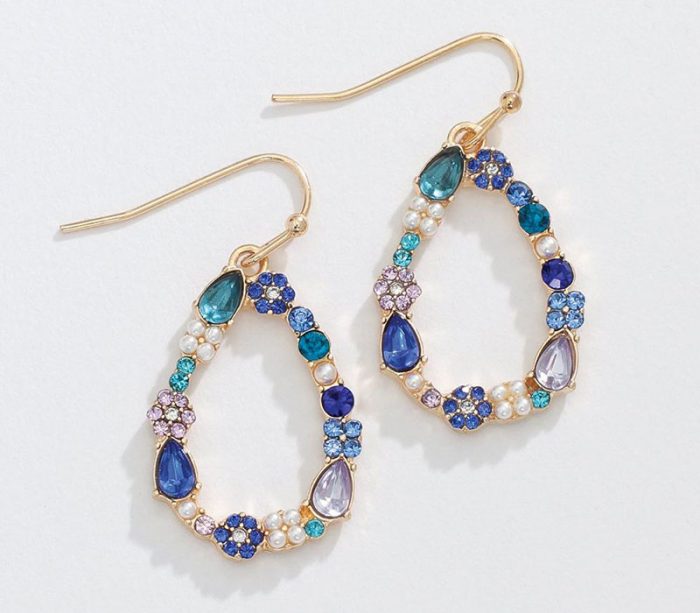Blue Crystals Gold Teardrop Earrings