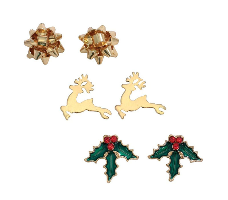 Periwinkle Earrings - Gold Bows Reindeer and Holly
