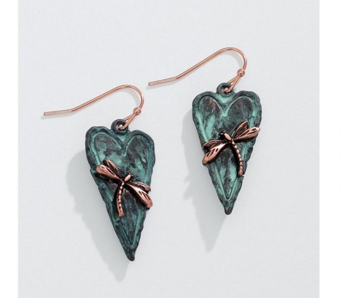 Periwinkle Patina Hearts with Copper Dragonflies Earrings