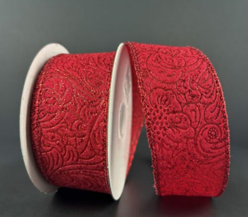 Red Ribbon with Embossed Flowers - 1.5-inch