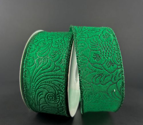 Emerald Green Ribbon with Embossed Flowers - 1.5-inch