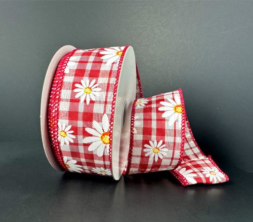 Red White Plaid with Daisies Ribbon - 1.5-inch