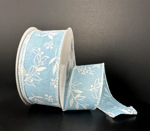 Light Blue Linen White Foliage Ribbon - 1.5-inch