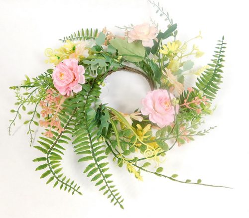 Flowers and Green Leaves Candle Ring - Pink and Yellow