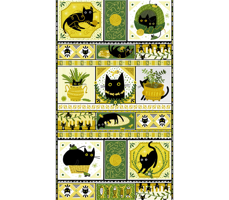 A Tall Yarn Black Cat Fabric Panel