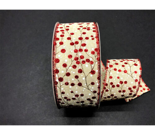 Ribbon - Natural Linen Red Glitter Branch