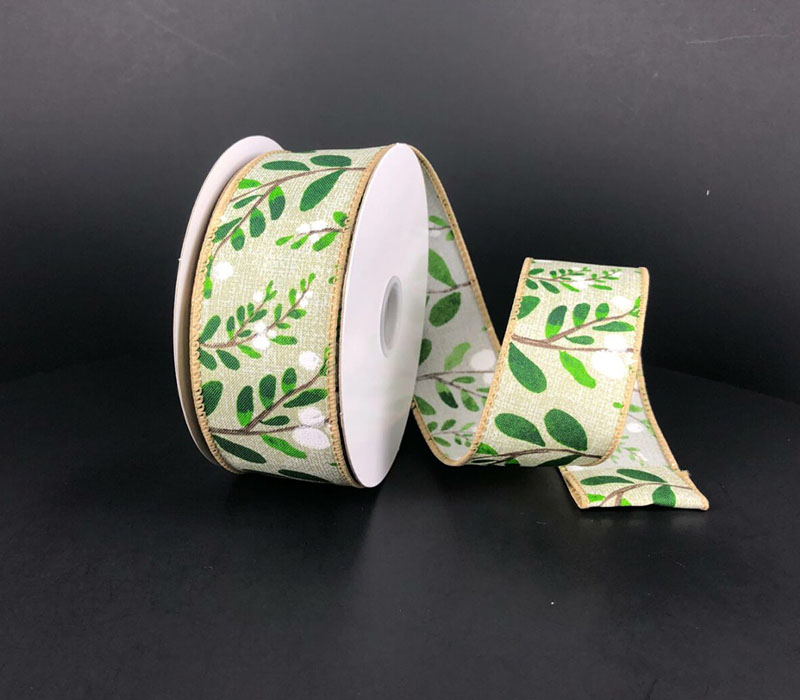 Ribbon - Natural Print Linen Green and White