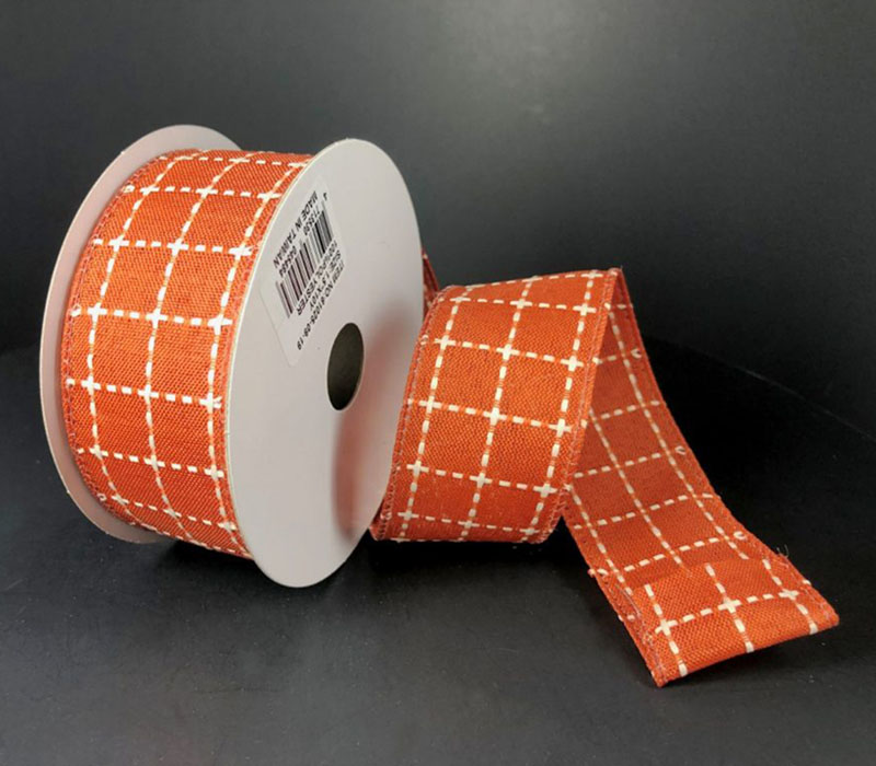 Ribbon - Orange and Ivory Stark Plaid Wired 1.5-inch