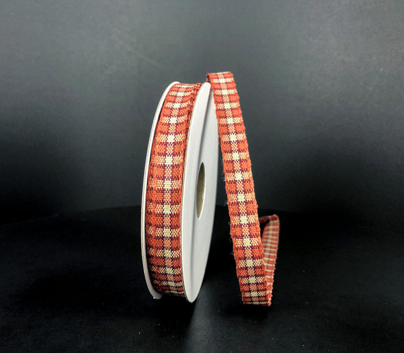 Ribbon - Orange Natural and Red Checkered Plaid 3/8-inch