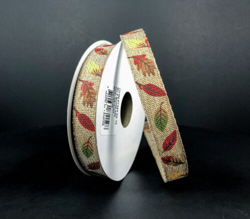 Ribbon - Natural Linen with Fall Leaves 5/8-inch