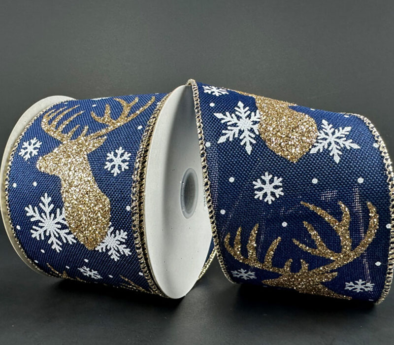 Ribbon - Navy and Gold Glitter Deer Snowflake Wired - 2.5-inch