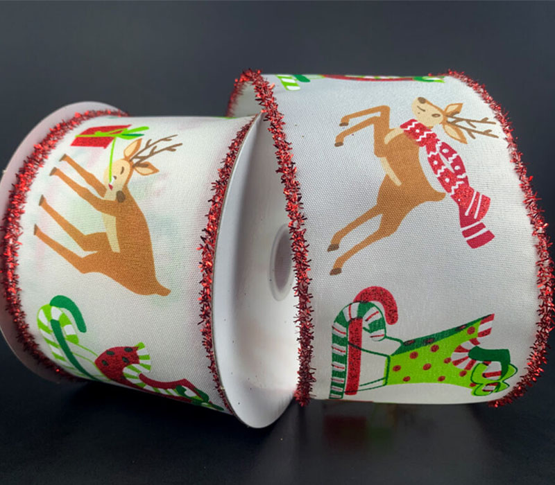 Ribbon - Ivory Satin Reindeer Wired 2.5-inch