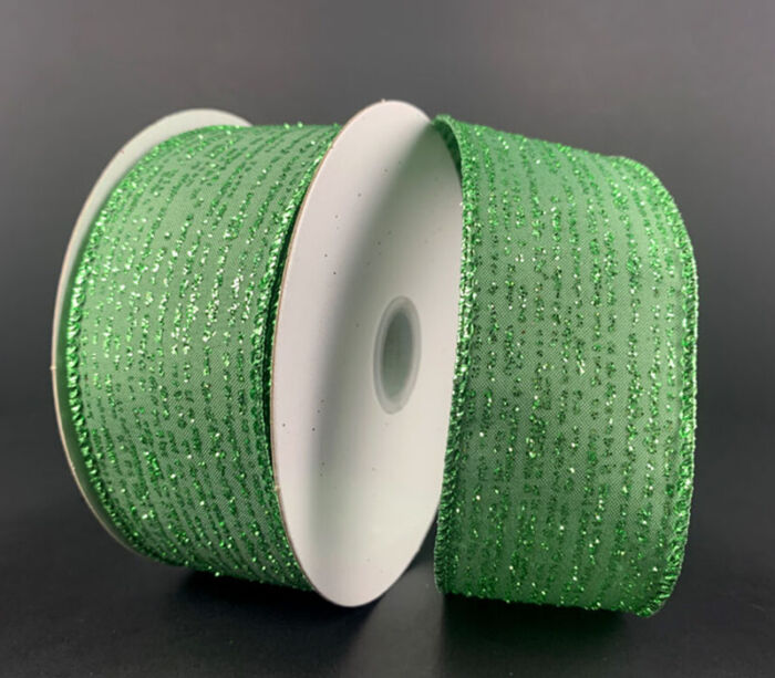 Ribbon - Green Satin with Green Glitter Lines Wired 1.5-inch