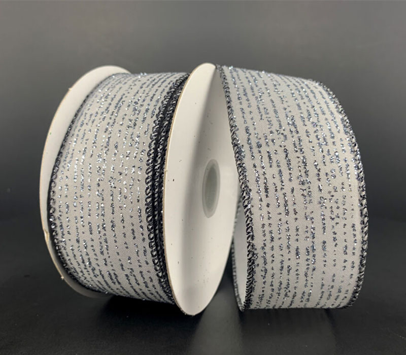 Ribbon - Gray Satin with Silver Glitter Lines Wired 1.5-inch