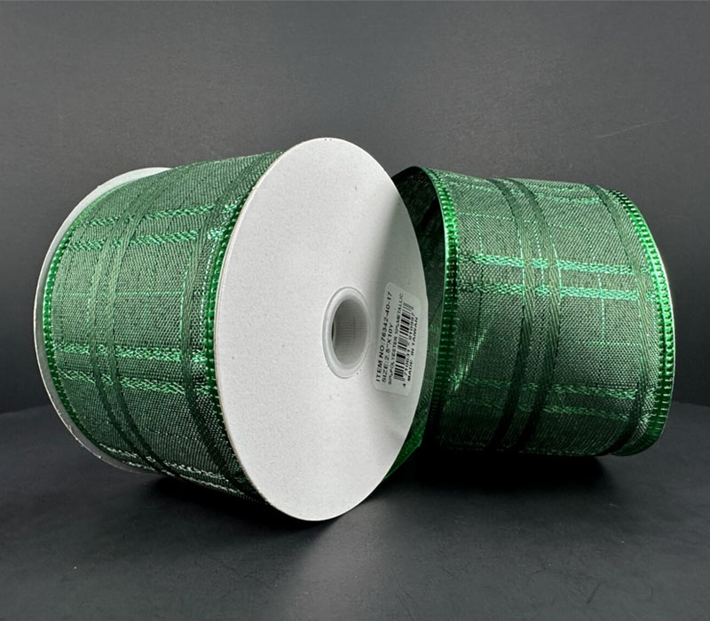 Ribbon - Green Linen Glitter Plaid Wired 2.5-inch