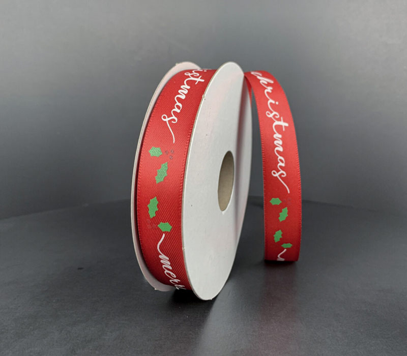 Ribbon - Red Satin Merry Christmas Holly 5/8-inch