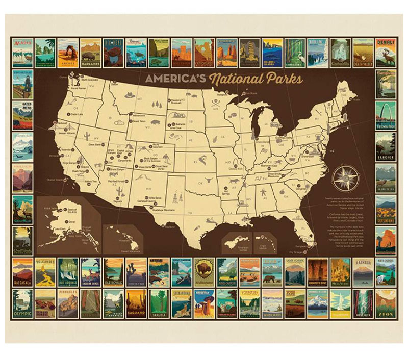 National Parks National Park Map Cotton Fabric Panel 36-inches by 43-inches