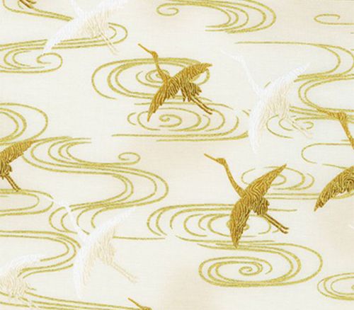 Fabric - Imperial Collection Cranes In Flight On ivory With Metallic Gold Highlights
