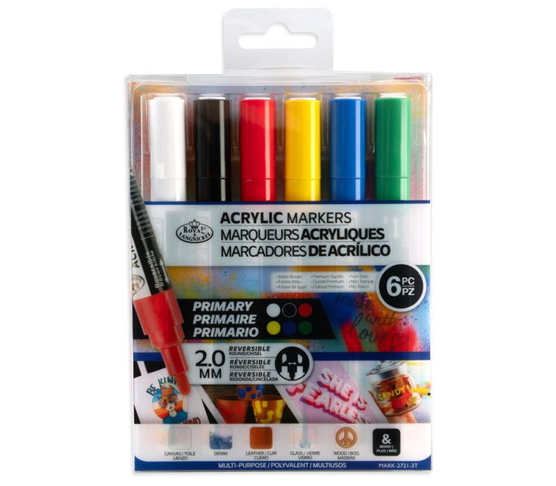 Royal Reversible Tip Acrylic Marker - 6 Piece - Primary