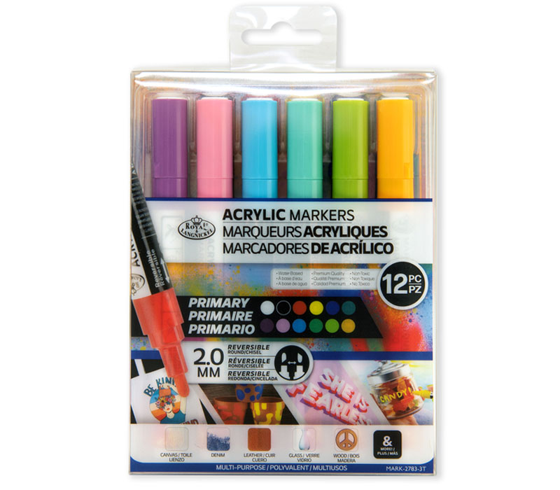 Royal 2mm Reversible Tip Acrylic Marker Set - 12 Piece - Primary