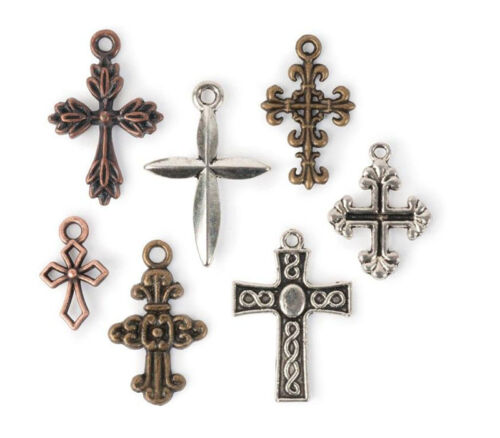 Solid Oak Steam Punk Charms - Small Cross - 7 Piece