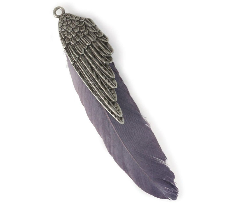 Solid Oak Steam Punk Pendant - Wing with Real Feather - 1 Piece