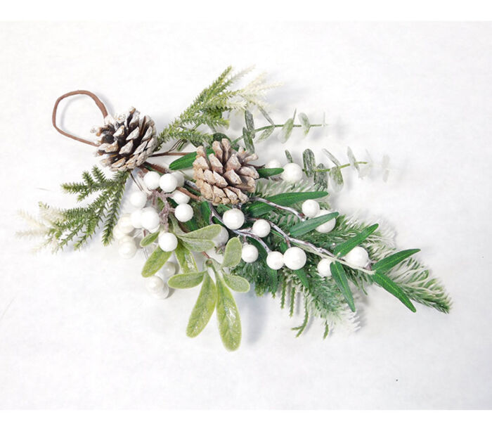 Green Leaves with White Berries and Cones Spray - 13-inch