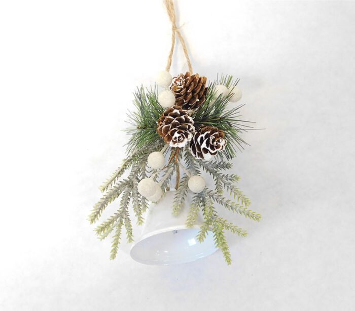 White Bell Ornament with Pine Needles - 8-inch