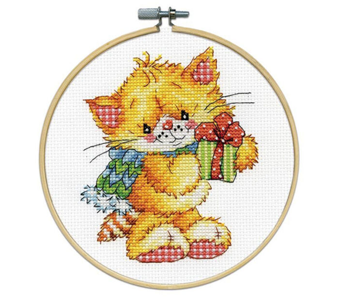 Christmas Cat Cross Stitch Kit with 6 inch hoop