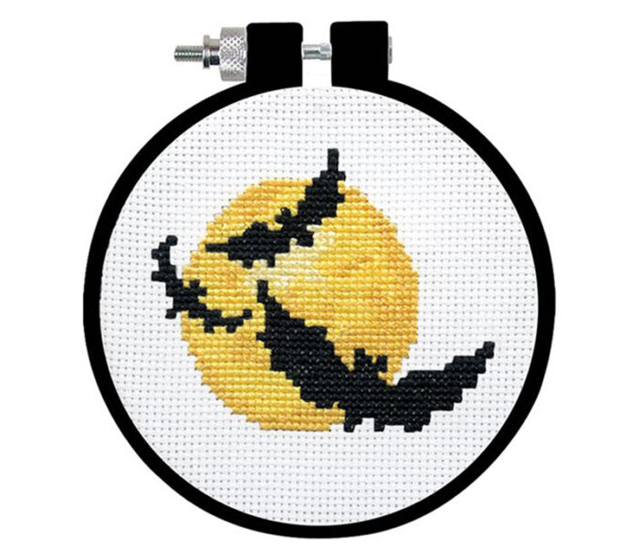 Bats and Moon Cross Stitch Kit with 3 inch hoop