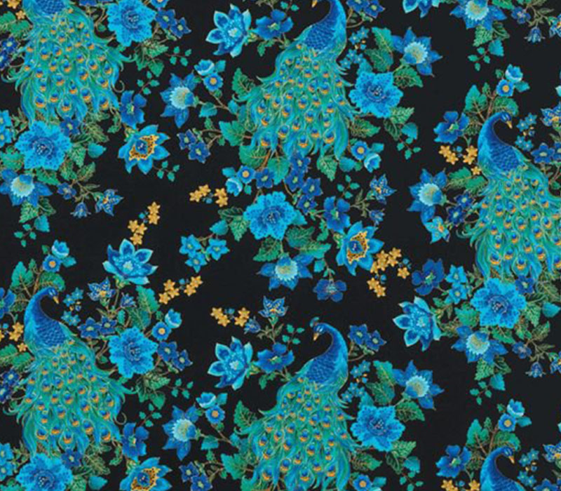 Fabric - Peacock And Blooms Large Allover On Black With Metallic Highlights