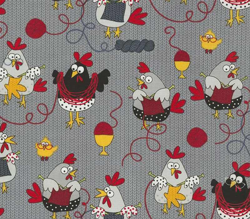 Fabric - Chickens Knitting Allover On Grey