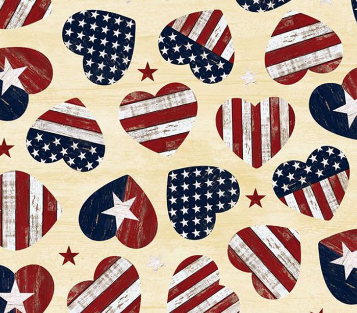 Fabric - Stars and Stripes Heart Toss On Cream