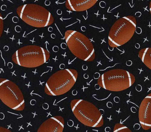Fabric - Footballs and Chalkboard Notations On Black