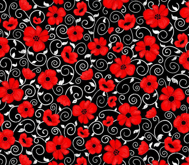 Fabric - Flowers and Vines Red And White On Black