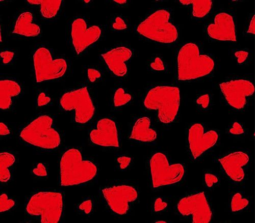Fabric - Chalky Red Hearts Tossed On Black