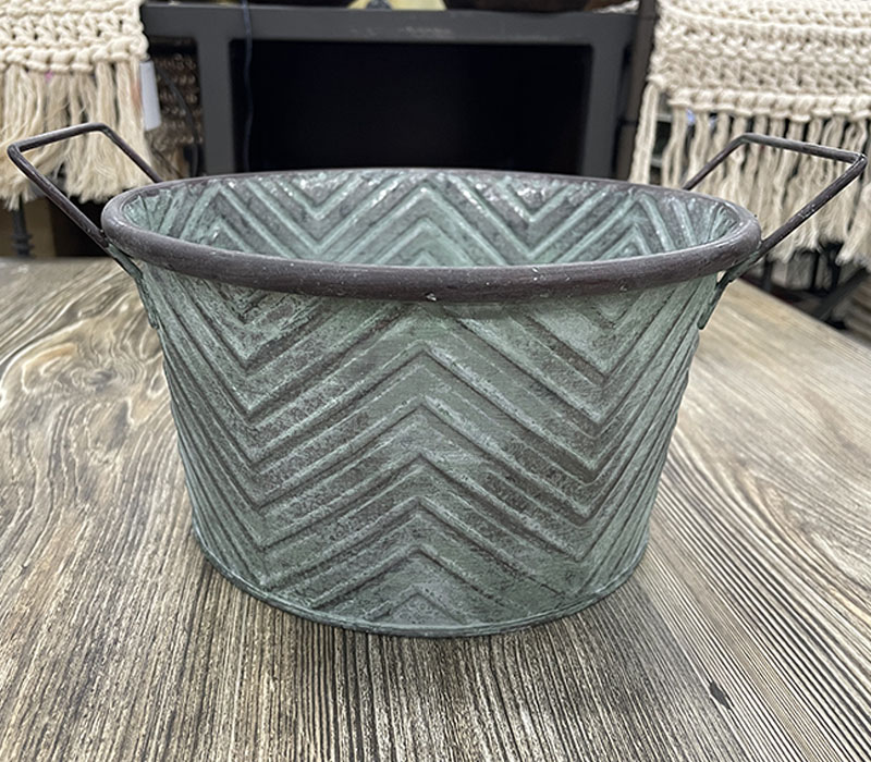 Round Metal Bucket with Green Patina