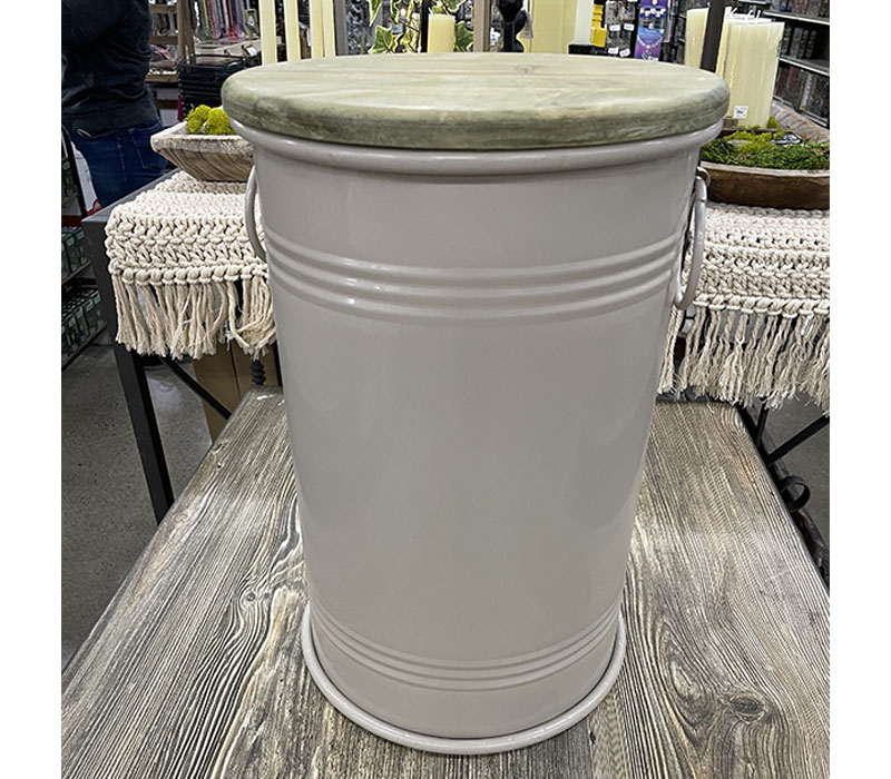 Metal Bin with Handles and Wooden Lid - Small - Tan