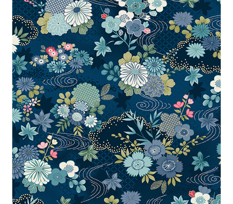 Kasumi Harmony Florals on Blue with Gold Metallic Highlights