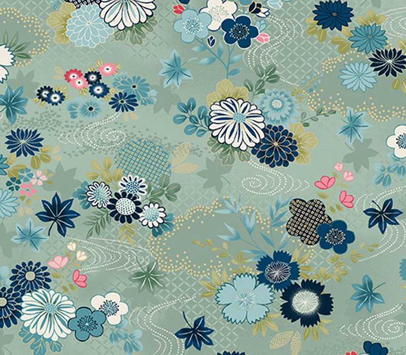 Kasumi Harmony Florals on Teal with Gold Metallic Highlights