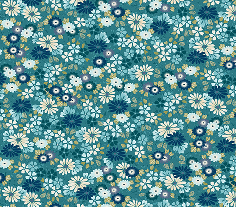Kasumi Floating Flowers on Teal with Gold Metallic Highlights